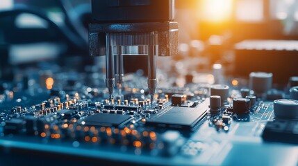 An automatic pick and place machine rapidly installs components on a generic circuit board highlighting the electronics and circuit board manufacturing process in a bright environment