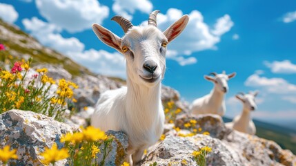 Obraz premium A goat is standing in a field of yellow flowers with two other goats in the background. The goat is smiling and looking at the camera