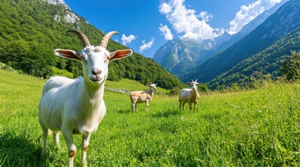 Fototapeta premium A goat is standing in a field of grass with other goats in the background. The goat is looking at the camera and he is happy