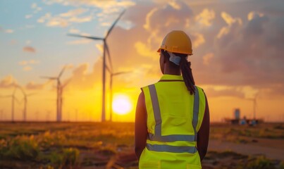 A female engineer wearing a hard hat and safety vest stands in a field of wind turbines, looking out at the sunset. AI.