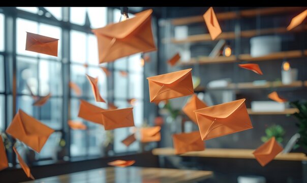 A surreal depiction of a busy office space with orange envelopes flying in mid-air. AI.