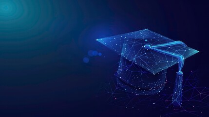 A graduation cap made of blue and purple lights with a dark background. The cap is outlined with a web of white lights.
