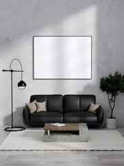 Modern Minimalist Living Room with Black Sofa, Coffee Table, and Floor Lamp