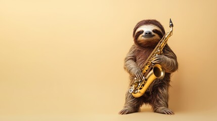 Musical Sloth - Adorable sloth playing saxophone with a comical expression on light yellow backdrop., Generative Ai