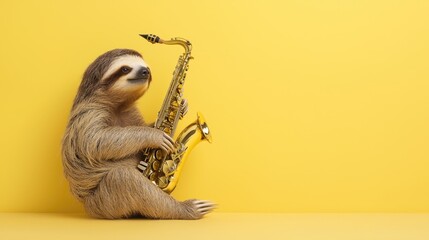 Melodious Sloth: Adorable Animal Playing Saxophone with Playful Charm on Light Yellow Background, Generative Ai