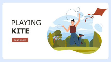Woman playing with kite. Young girl on sunny summer forest jumps with red kite in hands. Entertainment and leisure. Landing webpage design. Flat vector illustration isolated on white background