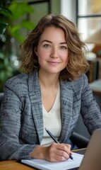 A woman in a gray blazer sits at a desk writing in a notebook. AI.