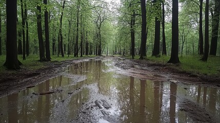 Obraz premium Heavy rain, wet leaves and branches glistening, damp forest floor and puddles reflecting the greenery, the fresh and lively atmosphere, reflecting the essence of the restored forest