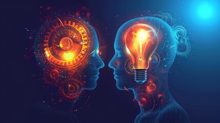 Glorious two human heads made of gears with light bulb shape inside