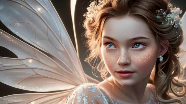 A delicate fairy princess with sparkling blue eyes, translucent wings, glowing freckles, loose curls adorned with tiny flowers, and a shimmering gown with intricate patterns.