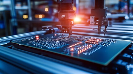 Electronic circuit board production involves an automated circuit board machine that produces printed digital electronic boards focusing on electronics contract manufacturing and hightech