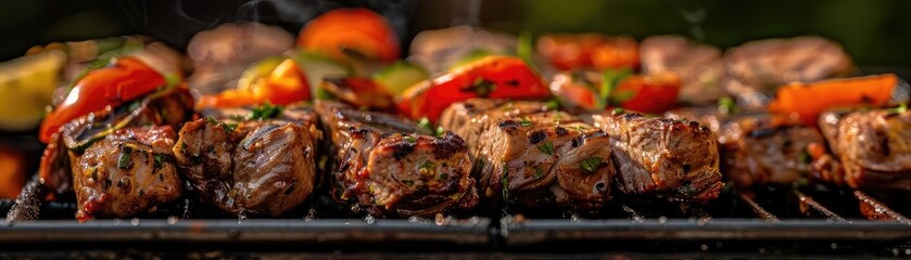 Delicious grilled kebabs with vibrant vegetables on a barbecue, showcasing the perfect summer barbecue feast.