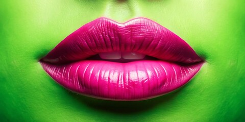 Pink lips on a vibrant green background, pink, lips, green, cosmetic, beauty, makeup, close up, vibrant, color contrast, elegant