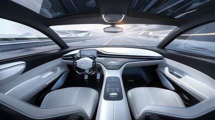 A futuristic car's interior, a sleek dashboard with a minimalist design features a large digital screen, a steering wheel with a central hub, and white leather seats.