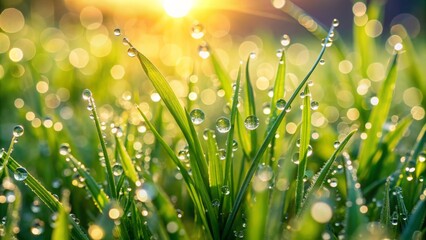 Fototapeta premium Close up of lush green grass with dew drops glistening in the morning sunlight, dew, grass, close-up, nature, green, freshness