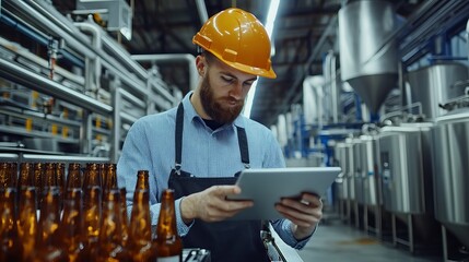 In the concept food industry banner an industrial worker inspects a glass bottles beer production line at a brewery factory using a computer tablet