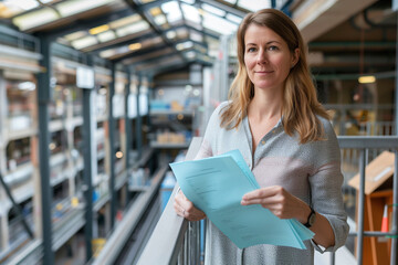 A business woman manager, dressed in a suit, controlling the work in a company, industry, factory plant.