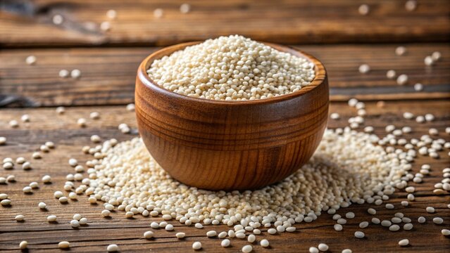 A rustic wooden cup brimming with white fonio grains, the tiny grains arranged neatly and a few scattered around to showcase their delicate and smooth texture.