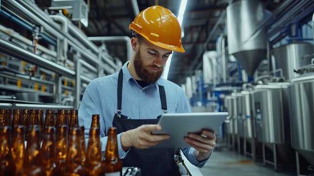 In the concept food industry banner an industrial worker inspects a glass bottles beer production line at a brewery factory using a computer tablet