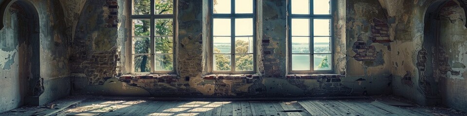 Naklejka premium Window in an ancient fortress Vacant hall in a deserted military stronghold Chamber in a historic castle