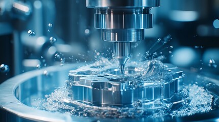 The CNC milling machine performs chamfer cutting on a mold base part using a chamfer tool in a light blue scene demonstrating the mold parts cutting process by a machining center with a