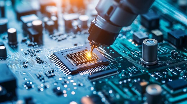 Inside an electronics factory an advanced highprecision robot arm is used for component installation on a black circuit board in a fully automated modern PCB assembly line for electronic