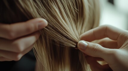 Fototapeta premium Closeup of a hairdresser holding and styling a client's hair, showcasing the expertise and precision of hairdressing.