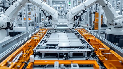 The electric car battery manufacturing line features industrial robot arms assembling lithiumion EV battery packs inside an automotive smart factory with white robotic arms at the