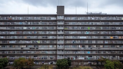 Old and dilapidated municipal residential buildings. Similar shaped apartment buildings line the building. This scene is set on an overcast day, adding to the gloomy and decrepit atmosphere.