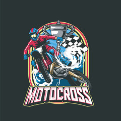 Vector Illustration of Trail Motorcycle Rider with Racing Flags and Trophy in Vintage Illustration Available for Tshirt Design