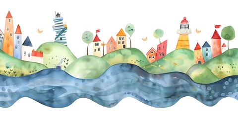 Watercolor  Sea Town with Houses and Lighthouse