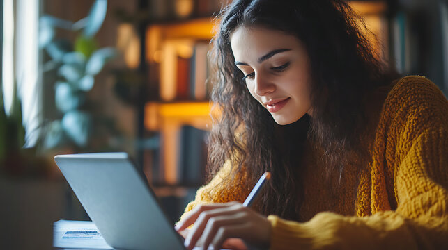 A young woman taking notes while watching an online course on her tablet, representing the convenience of e-learning and remote education 