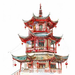 watercolor painting of a Chinatown pagoda and street scene