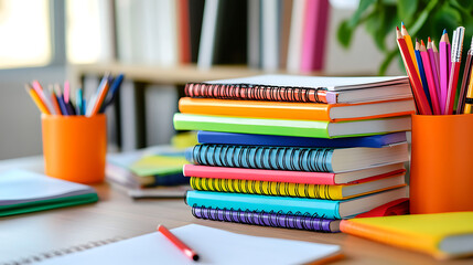 A stack of colorful textbooks and notebooks on a study desk, signifying the variety of subjects and learning materials 
