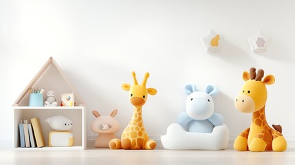 Cute plush toys in a bright nursery, featuring giraffes and a cozy shelf enhancing a cheerful and playful atmosphere.