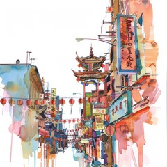 watercolor painting of a Chinatown street with ornate signage