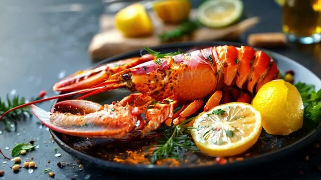 A bright red lobster is artfully arranged with lemon slices and herbs, featuring rich spices on a dark surface, creating an enticing culinary display.