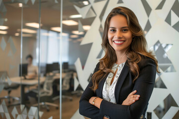 A happy young businesswoman smiling with her arms crossed standing in an office and looking at the camera, a smartly dressed manager in a suit,