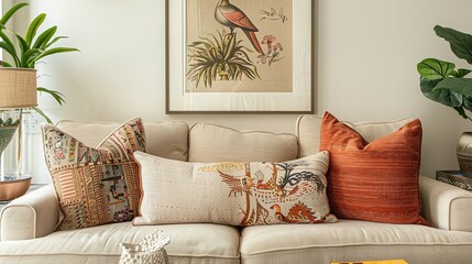 Beige Sofa with Colorful Pillows and Framed Bird Print
