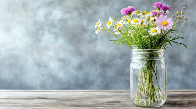 A charming bouquet of colorful flowers in a mason jar, set against a textured gray background, perfect for home decor.