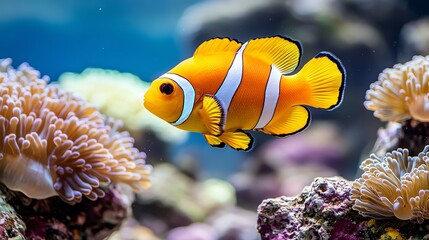 A vibrant clown fish swimming gracefully among colorful coral reefs, showcasing the beauty of marine life underwater.