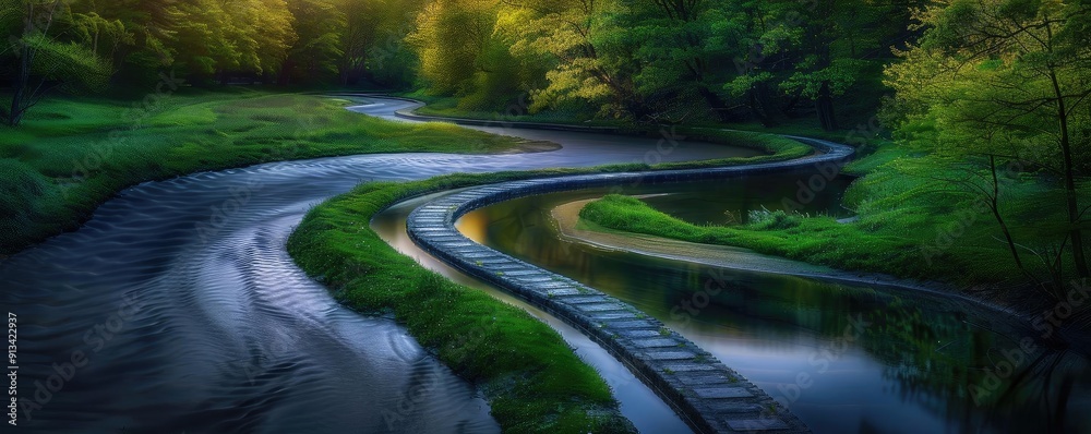 Poster a serene landscape showcasing a winding river through lush greenery, creating a tranquil and picture