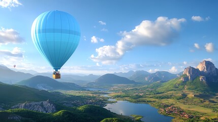 Naklejka premium A serene view of a hot air balloon soaring over lush mountains and a tranquil lake under a bright sky.