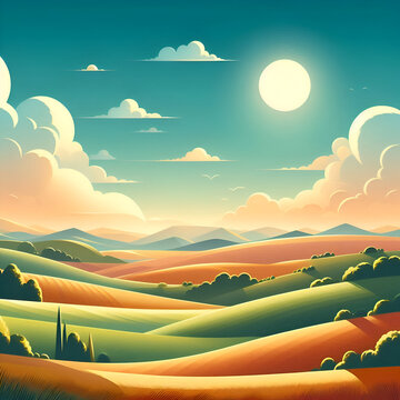 illustration, generative AI, landscape, sky, nature, summer, grass, spring, field, sun, green, hill, cloud, hills, horizon, road, clouds, mountain, tree, earth, blue, sunrise, . Generative AI