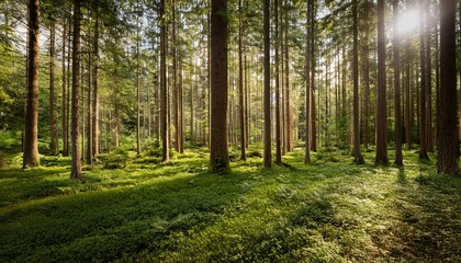 Fototapeta premium Dense forest with tall trees and sunlight filtering through, evoking a sense of tranquility and connection with nature. Perfect for environmental campaigns, travel