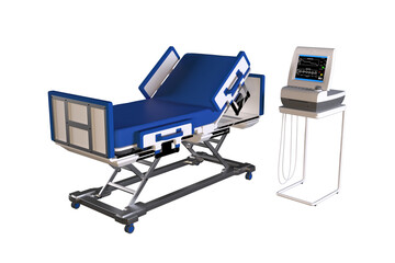Hospital bed with blue mattress, adjustable height, monitor, stand, wheels and IV. 3D rendering image.