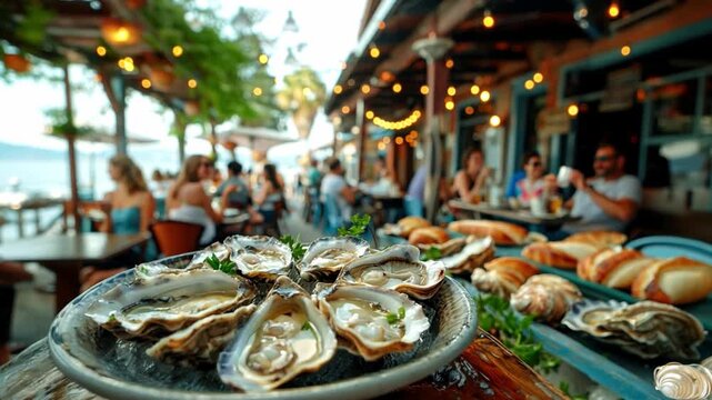 Delicious oysters served on a platter with diners enjoying their meals at a lively outdoor restaurant by the beach during sunset.