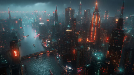 Obraz premium Neon-lit cityscape with towering skyscrapers, flying vehicles, and a vibrant, high-tech atmosphere.