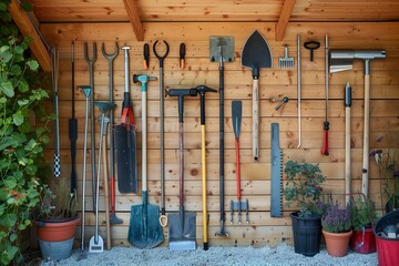 Various Gardening Tools Organized Neatly Against A Wooden Wall In A Garden Shed