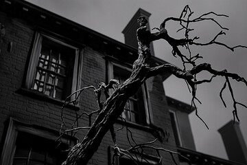 A black and white photo of a haunted mansion, its windows dark and foreboding. A gnarled tree stands in the foreground, its branches reaching out like skeletal fingers.